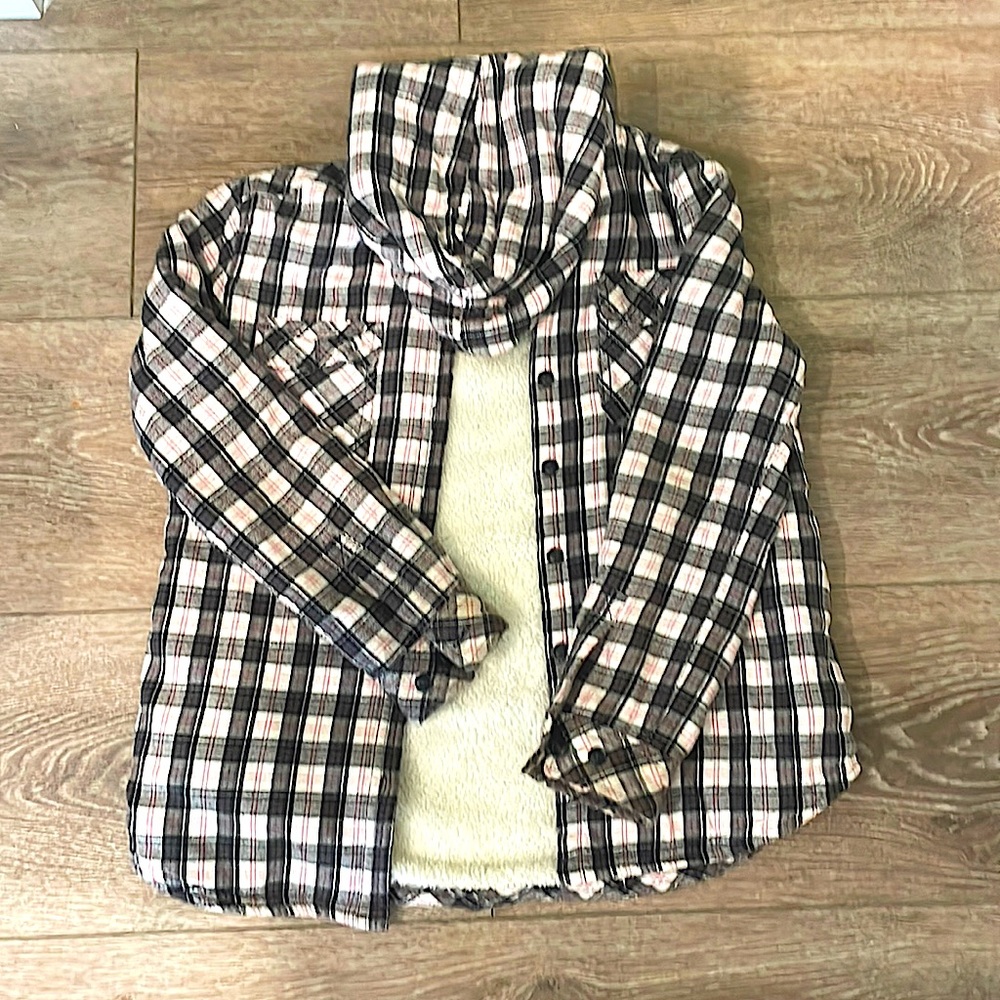 Fluffy, black and pink, plaid jacket